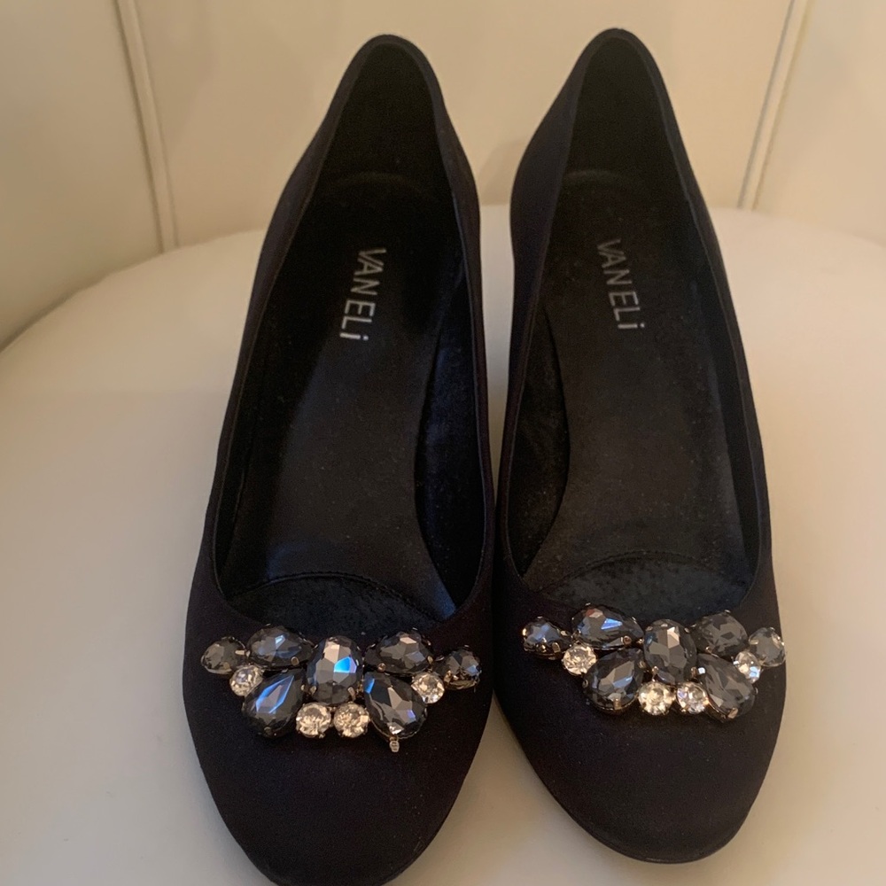 Vaneli Black Heels with Crystal Embellishments
